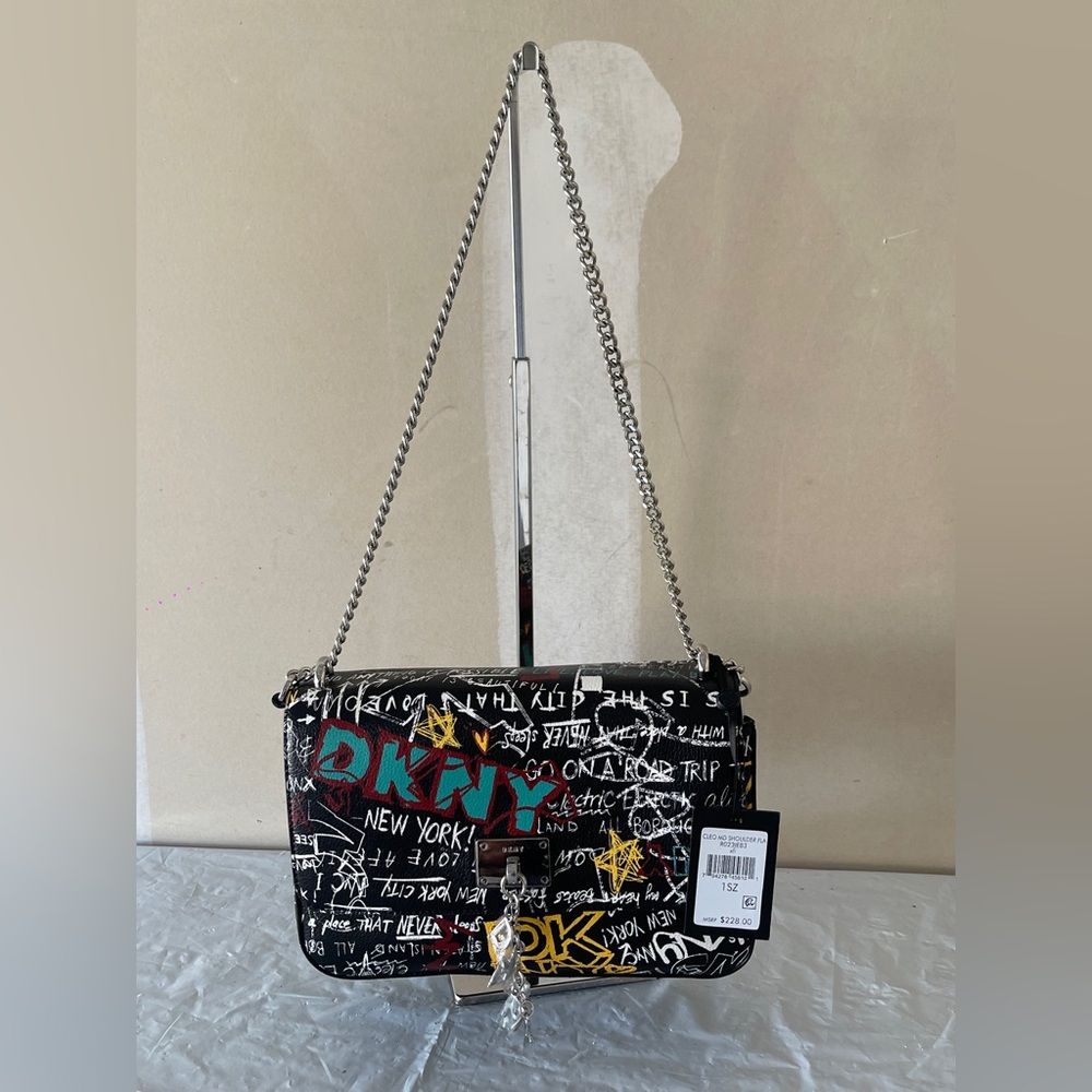 DKNY Graffiti Black Gia Wallet Crossbody Purse Bag Logo